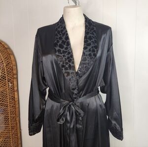 Vintage Black Satin Leopard Lace Edge Robe Boudoir Sexy Lingerie Pin-Up Large